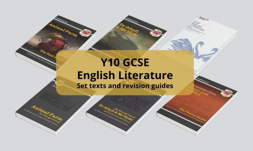 Image shows the front covers of the books listed in the article below and the text year 10 GCSE English Literature set texts and revision guides